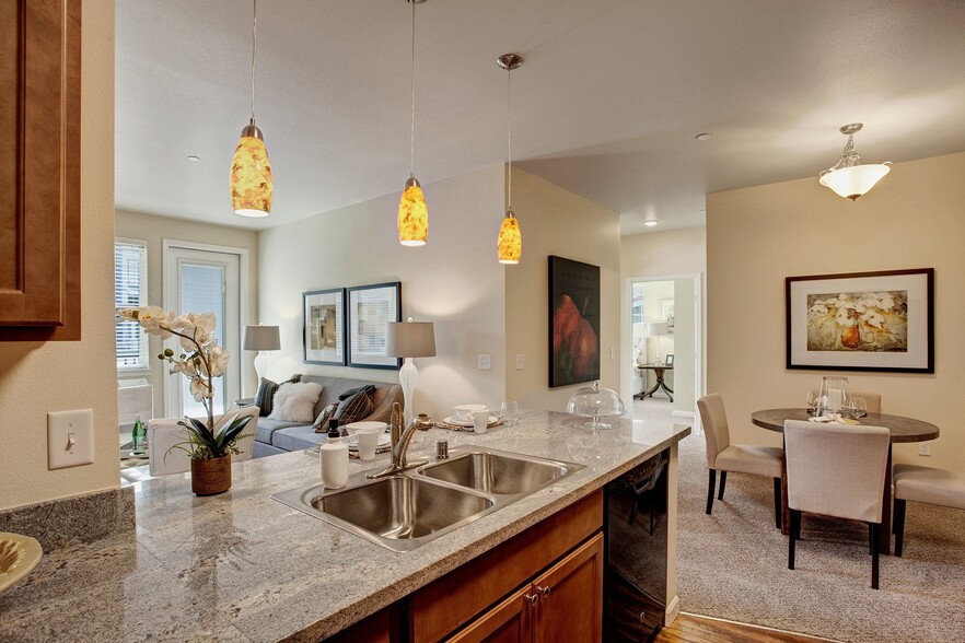 A kitchen with our sleek appliances and stone countertops with a view into the dining area and living room - Solara