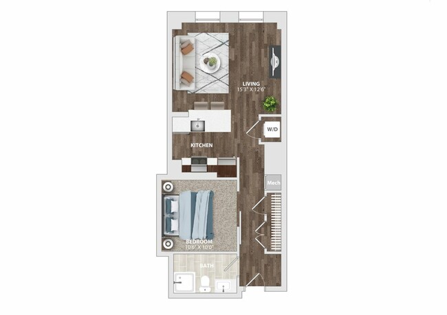 Explore this modern one-bedroom apartment with a well-designed layout including a comfortable living space, sleek kitchen, and cozy bedroom. - The Harriet Apartments