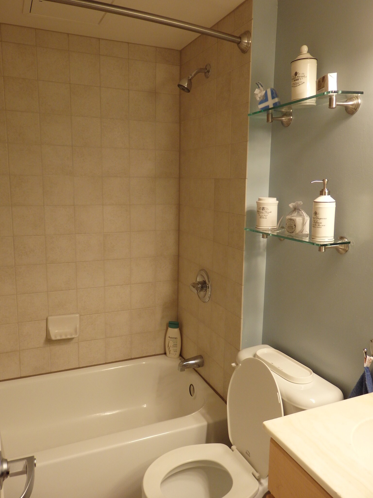 Tub and Pottery Barn glass shelves - 800 4th St SW