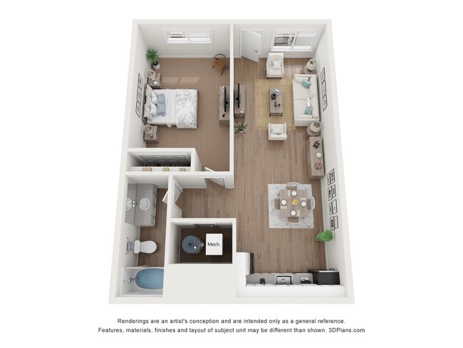 3D Floor plan of one bedroom, one bathroom at Pineview Terrace - Peace Street