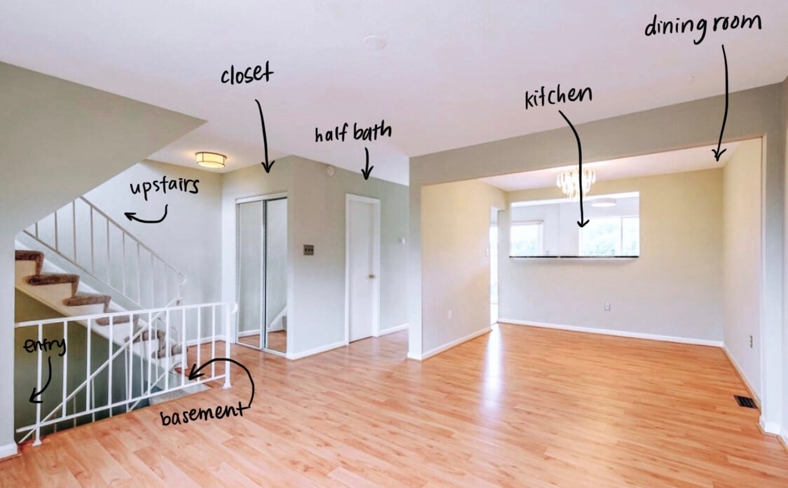Main floor showcasing the living/dining room, kitchen, shared closet and half bath. - 4767 Kandel Ct