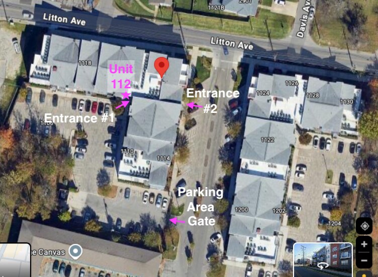 Aerial view of Solo East Condos. The location of unit #112 is indicated with the pink star symbol. - 1118 Litton Avenue