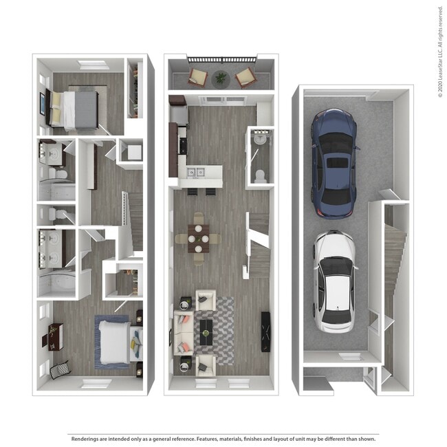 Multi-level two bedroom, two-and-a-half bath townhome. Bedrooms on the top floor with bathrooms in each bedroom for privacy. Washer and dryer included on the second floor for easy access. Attached, two-car tandem garage included. - Trio Townhomes