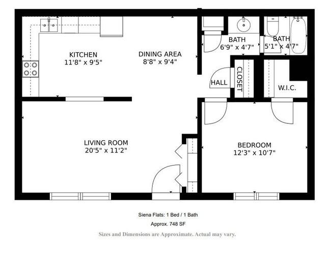 1 Bed/ 1 Bath- 748 sq ft.- Floor Plan B- Square footage and exact layout may vary. - Siena Flats