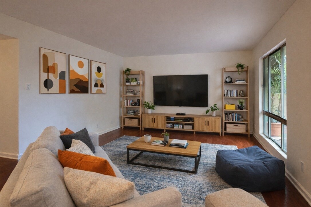 Living room (opposite angle) 24×16 great room with space for both living and dining — larger than it - 970 Palm Avenue