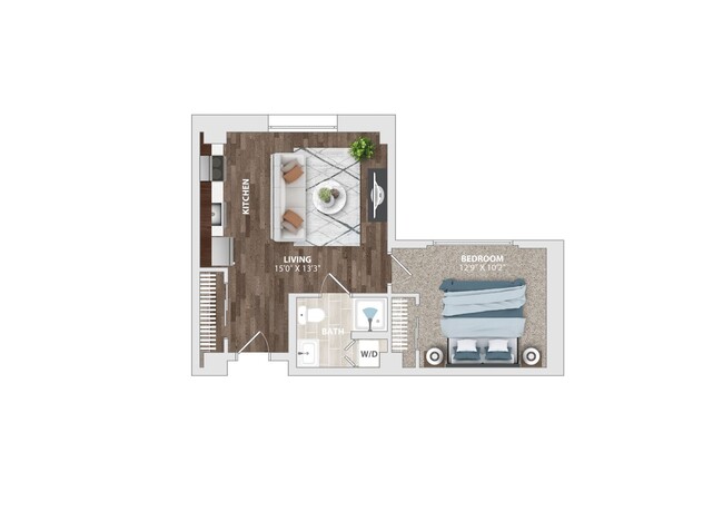 Explore this modern living space with a beautifully designed bedroom and open-plan kitchen. - The Harriet Apartments