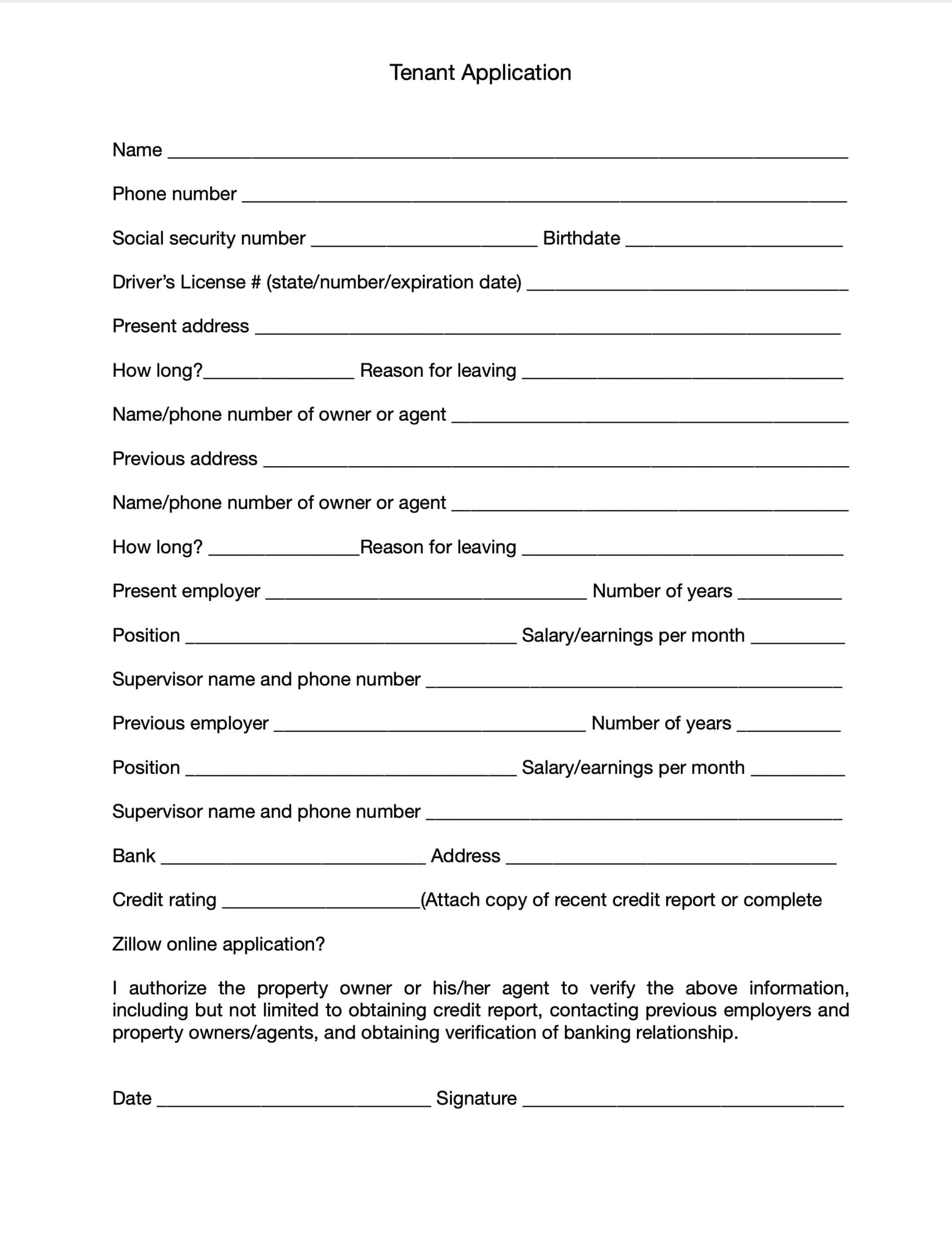 Rental application - 256 Termino Ave