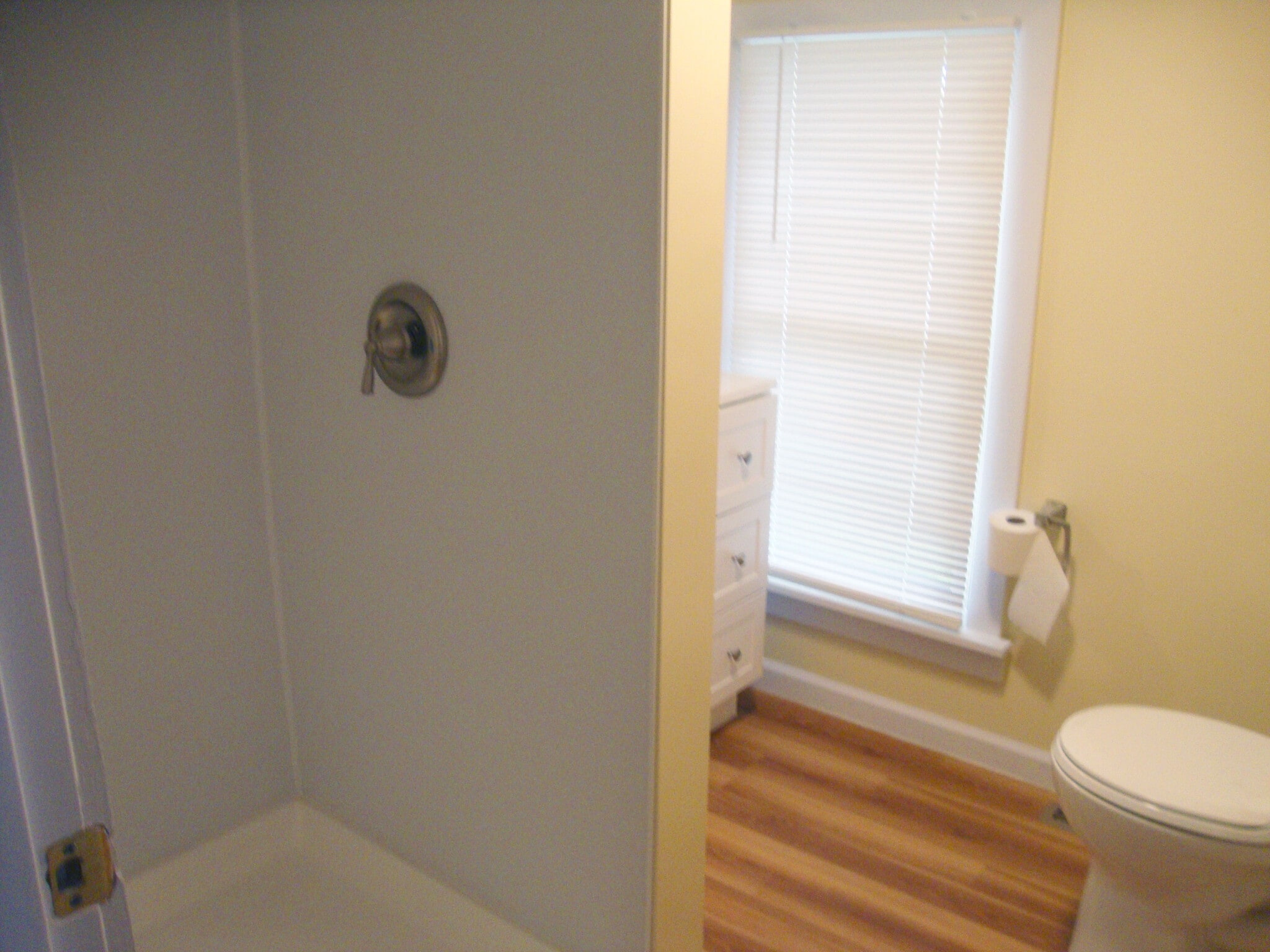 Bathroom with shower on left, stool on right. - 351 W Currant St