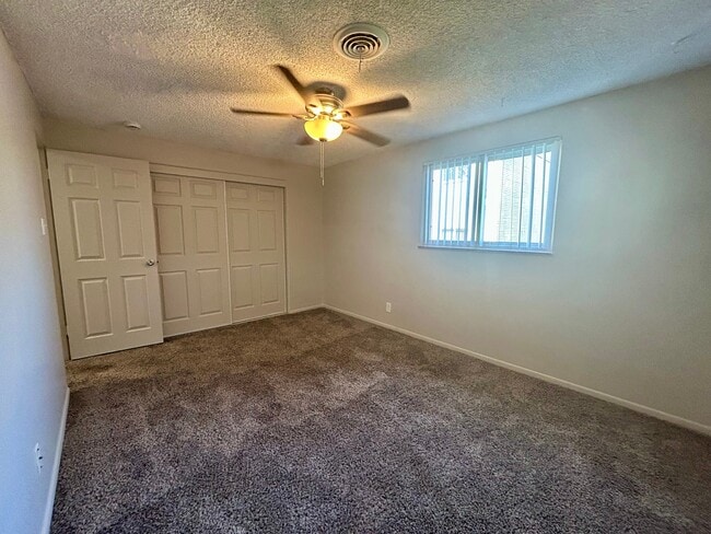 Bright and spacious bedroom with plush carpeting, featuring a ceiling fan and ample closet space. - Boardwalk Apartments