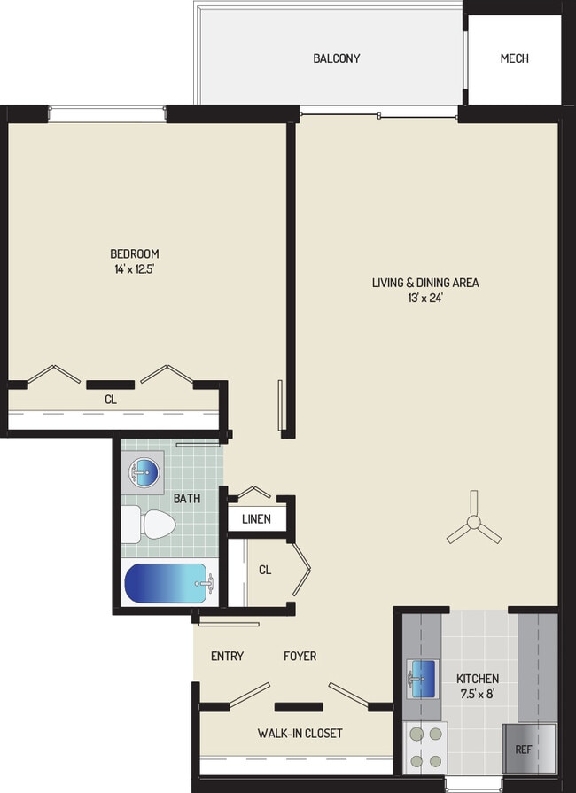 1 BR/ 1 BA (Style E2) | 770 sq. ft. - Columbia Park Apartments