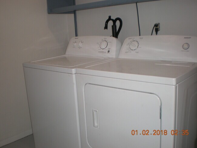 Washer and dryer in laundry room. Extra shelves for storage. - 1160 Clinton St