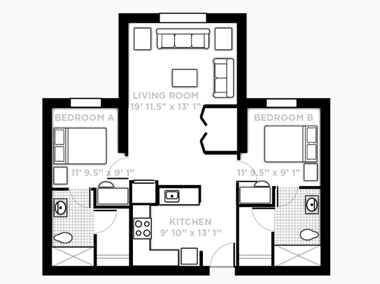2BR/2BA T - Shape - NorthView Student Apartments