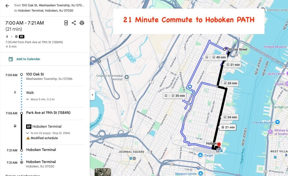 Commuter map to Hoboken PATH - 100 Oak St