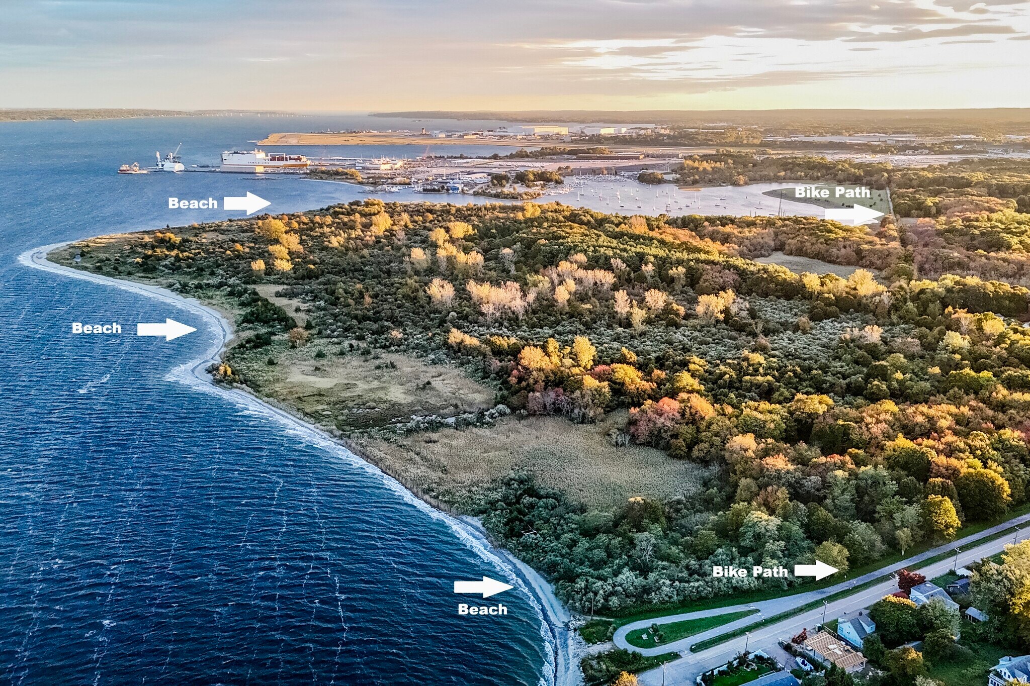 Aerial view of neighborhood with access to two private beaches and bike path - 278 Harrison St