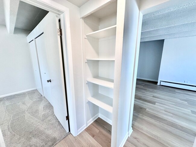 Contemporary apartment interior featuring a bright hallway with built-in shelves, carpeted and laminate flooring, and double-door closet. - Columbine Plaza