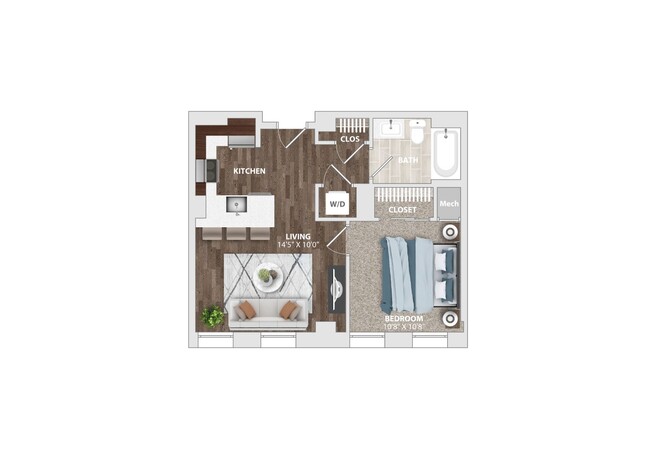 Discover your perfect space with this modern one-bedroom apartment layout. - The Harriet Apartments