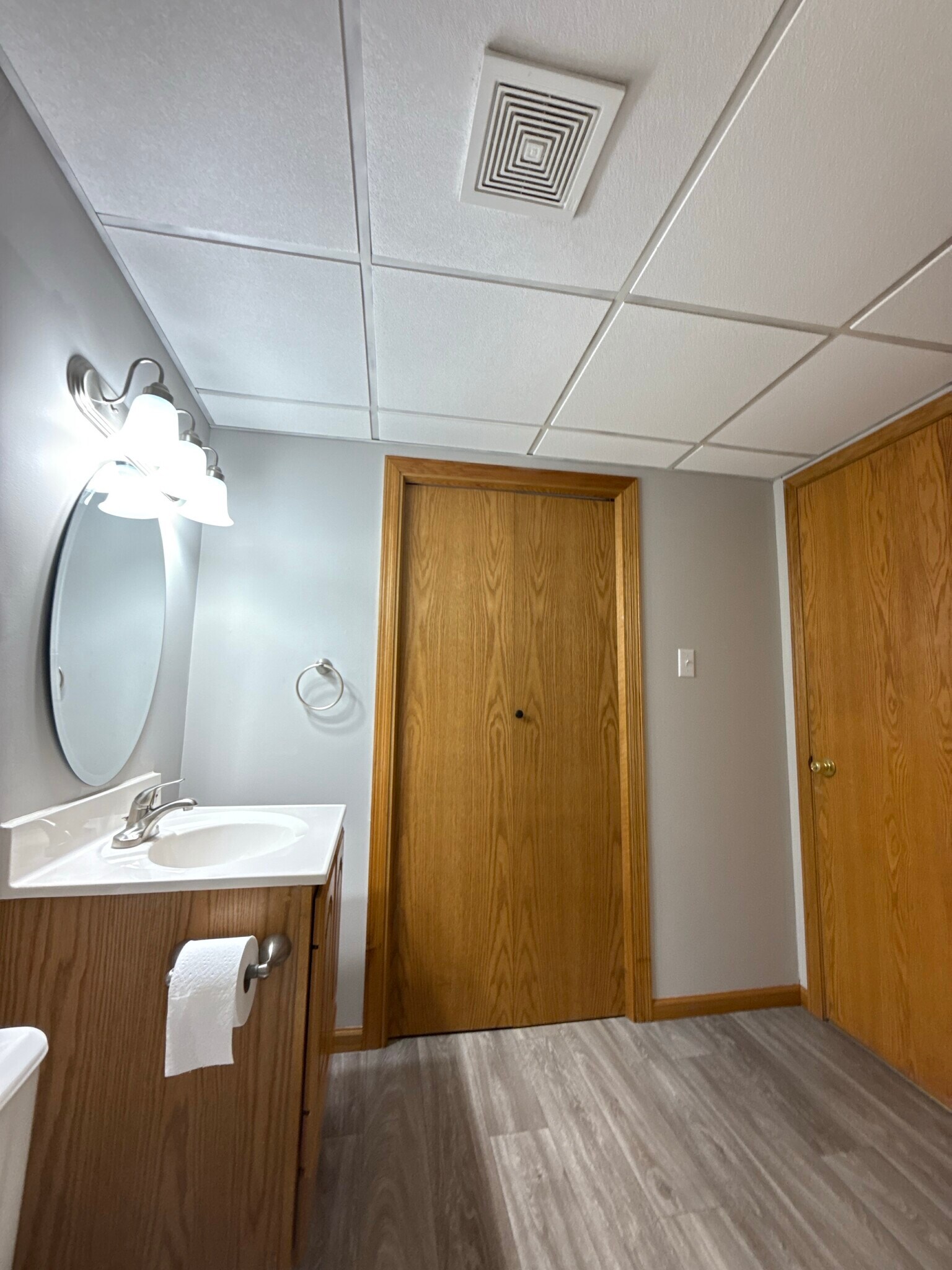 Lower bathroom with walk-in shower and vanity storage. - 9092 Goldenrod Ln N