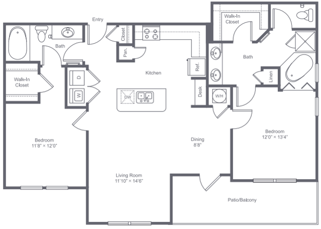 2 bedroom 2 bath apartment with kitchen island, dining area and private patio at 1175 square feet - Park Central at Flower Mound