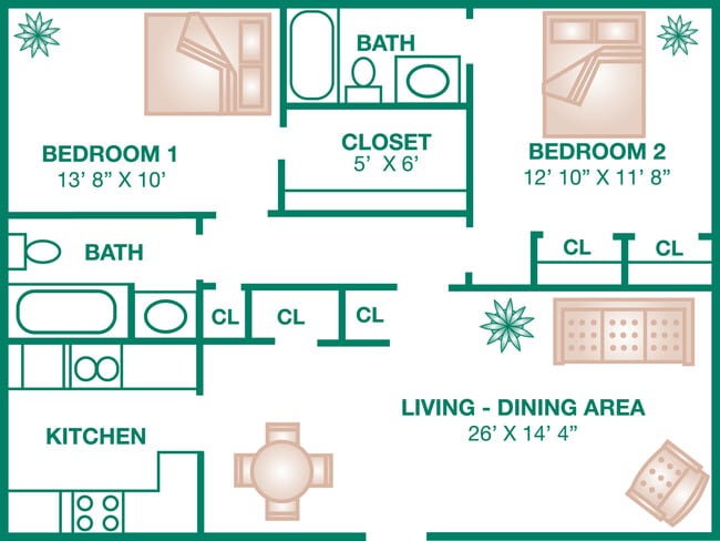 Beau Chenes Plan D 2x2 WD - River Oaks Apartments