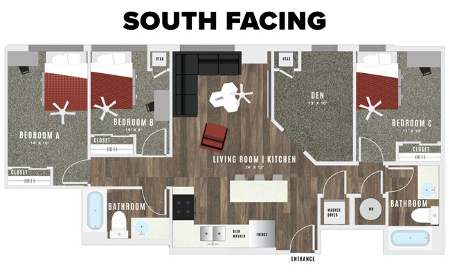 The floor plan above shows the layout of units on the south side of the building (closer to campus) Please click the arrow to see the floorplan that represents the layout on the north side of the building (Closer to A-Mountain). - Atmosphere