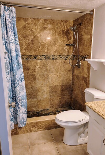 Main bathroom w/earth-tone marble/slate and granite; new curtain and showerhead - 1353 Pine Ridge Cir E