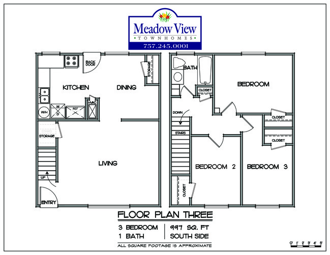 3BED 1BA | PLAN THREE | SOUTH SIDE - Meadowview Apartments