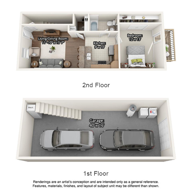 1 bedroom 3D floorplan - Miller Street Townhomes