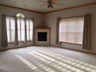 Plantation shutters and wood blinds frame the gas-log fireplace in this spacious and inviting living area - 2503 Willow Spring Dr
