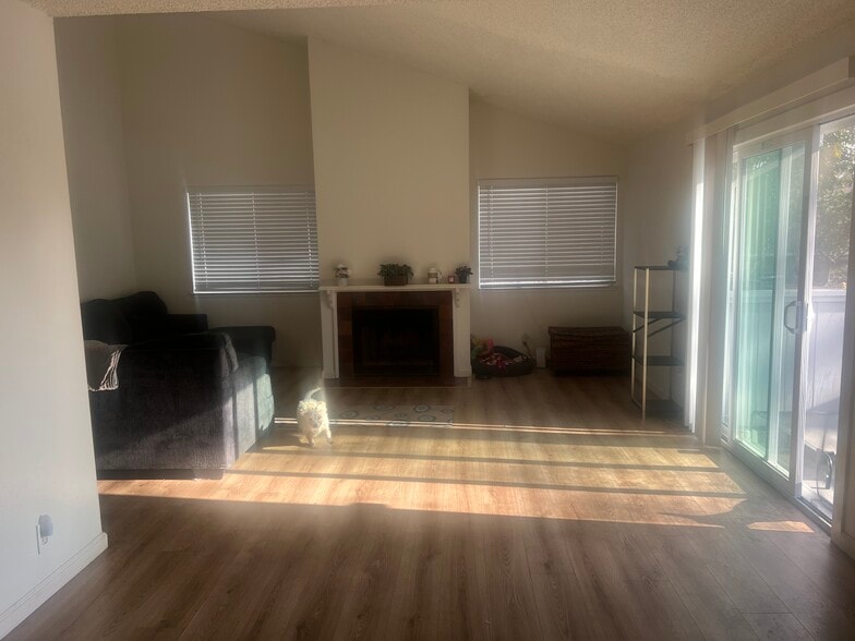 Sunny living room leads to private patio. Living room has beautiful vaulted ceilings - 73 Silcreek Dr