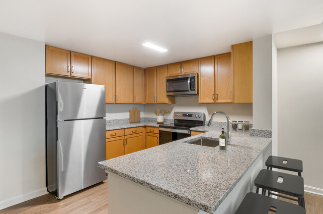 Updated Finishes kitchen with grey speckled granite countertops, oak cabinetry, stainless steel appliances, and hard surface flooring - Kanso Silver Spring