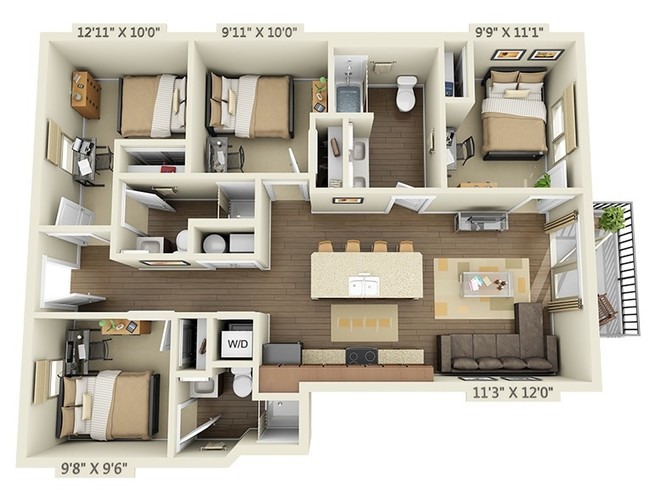 Four Bedroom Center - 75 Armory | Student Housing