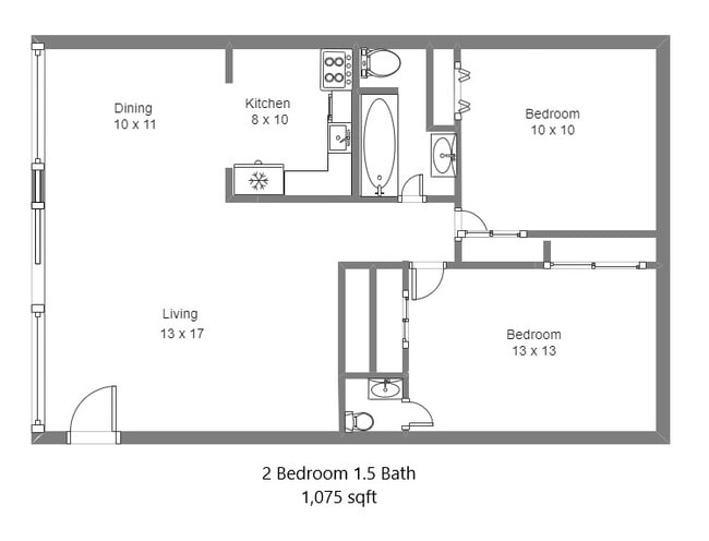 2 Bedroom 1.5 Bath Layout - Blue Ridge Place