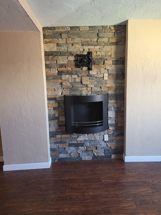 Stone wall with decorative fireplace and wall mount for TV - 17 Federal St