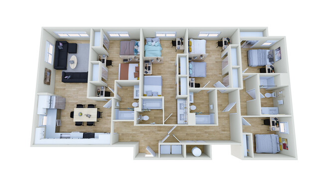 Bed A - Double | Bed B - Premium Double | Beds D & E - Single Shared - Identity Davis Student Apartments