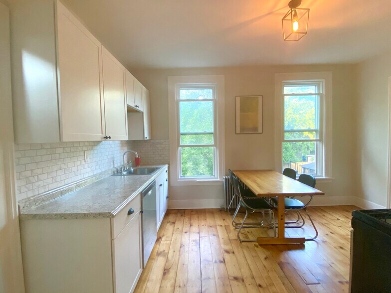 The kitchen overlooks the back yard and a large apple tree, which is home to many joyful birds - 55 Pearl St