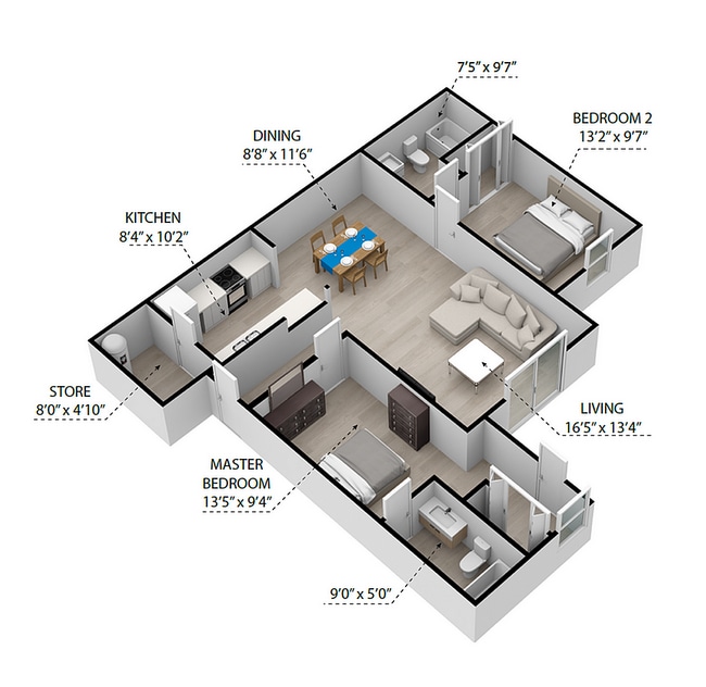 The Buckingham | 2 Bed 2 Bath | 1036 sq ft | Crown Pointe Apartments in Georgetown - Crown Pointe