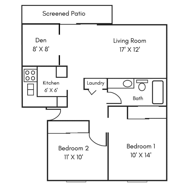 2x2 The Chateau with Den 950 sq ft - The Essex