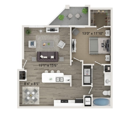 One Bedroom One Bath Floor Plan - Halston World Gateway Apartment Homes