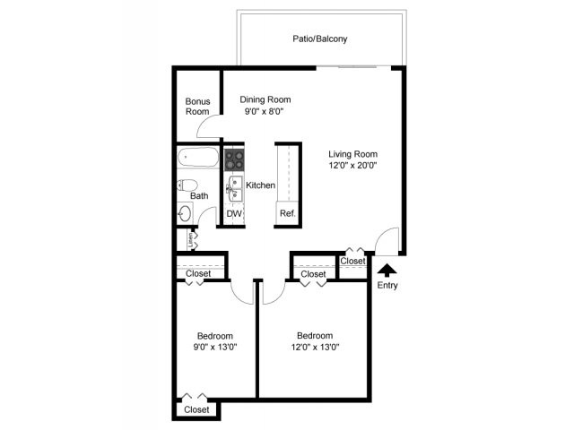 Two bedroom end floor plan - Black Hawk Apartments