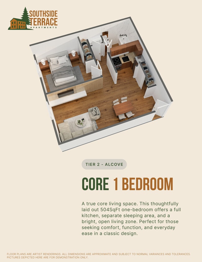 Core 1 Bedroom Floor Plan - Southside Terrace Apartments