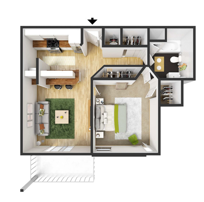 3D Floor Plan - 727 SF - 1BR/1 Bath - Oakcrest Condominiums