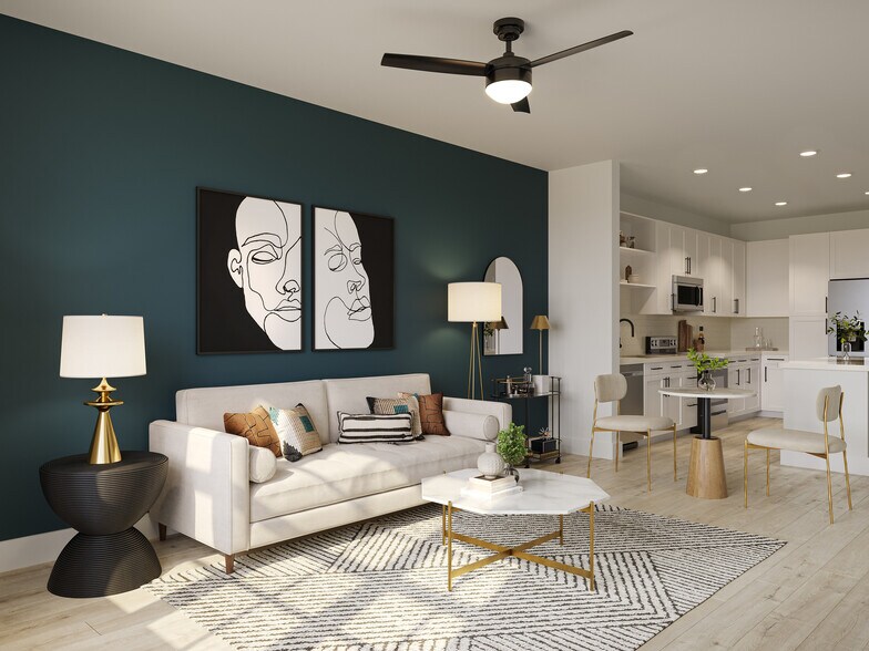 Living Room with Wood-Style Flooring - Evelyn City Lofts