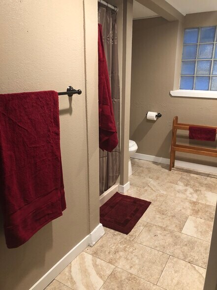 Bathroom with upright shower. - 17405 Ashworth Ave N
