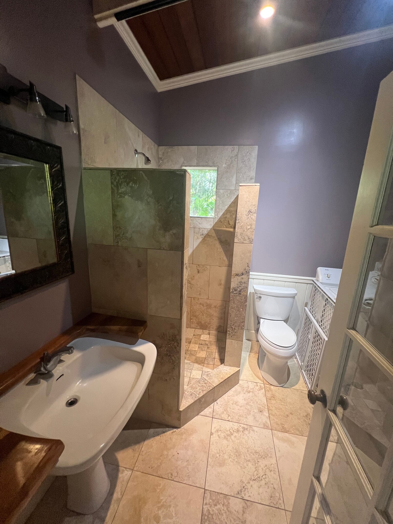 sink, shower stall(travertine) and lua(partial washing machine in view - 83-5515 Hawaii Belt Rd