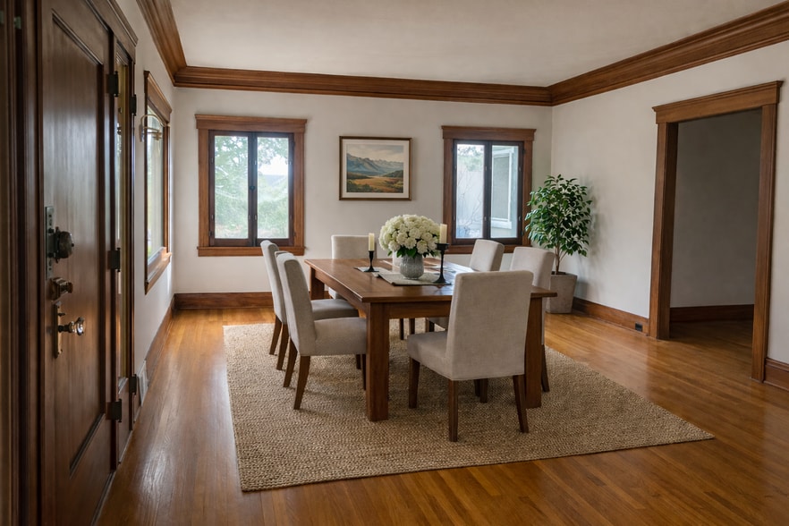 AI virtually staged dining area - 147 N Baldwin Ave