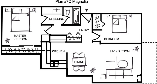 Two bedroom one bath Plan 7C - Charter Oaks Apartments