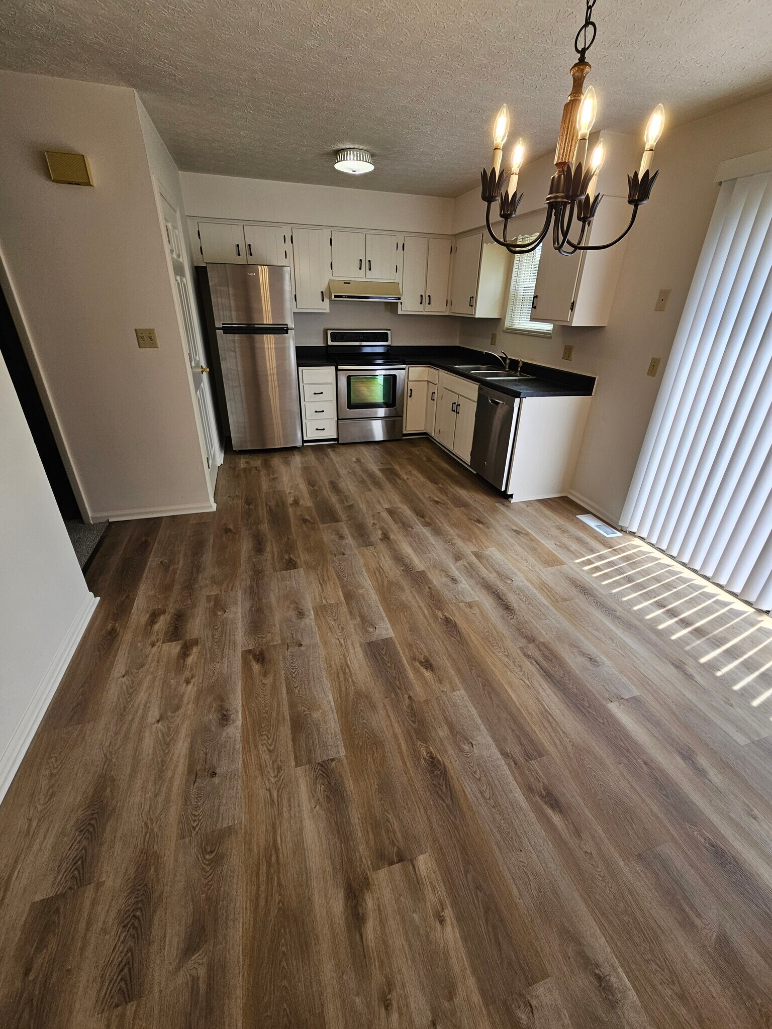 Kitchen view. All stainless steel appliances and new flooring. - 265 N Ashbrook Cir