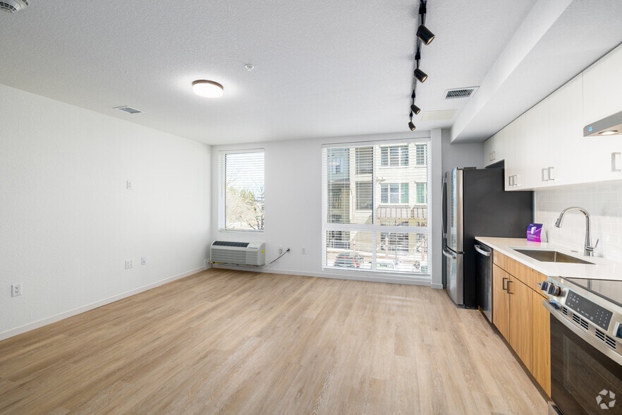 Studio - 444SF - Kitchen / Living Room - The Irving at Mile High Vista