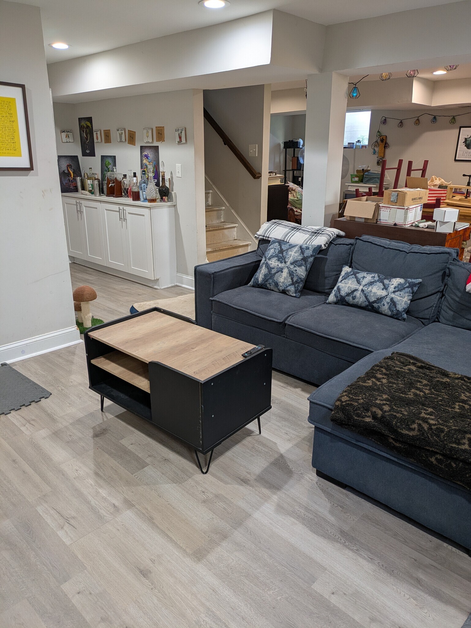 Downstairs space with current flooring, will be much emptier upon move in, the couch will remain - 127 S Jordan St