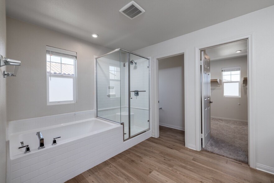 Spacious master bathroom showcasing access to the walk-in closet, glass-enclosed shower - 26549 Brightstone Dr